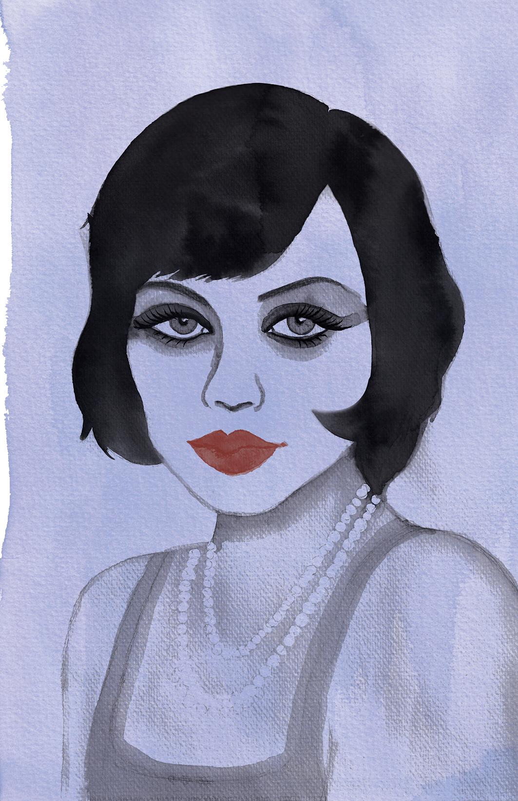 Ilustración azul y lila de retrato femenino
