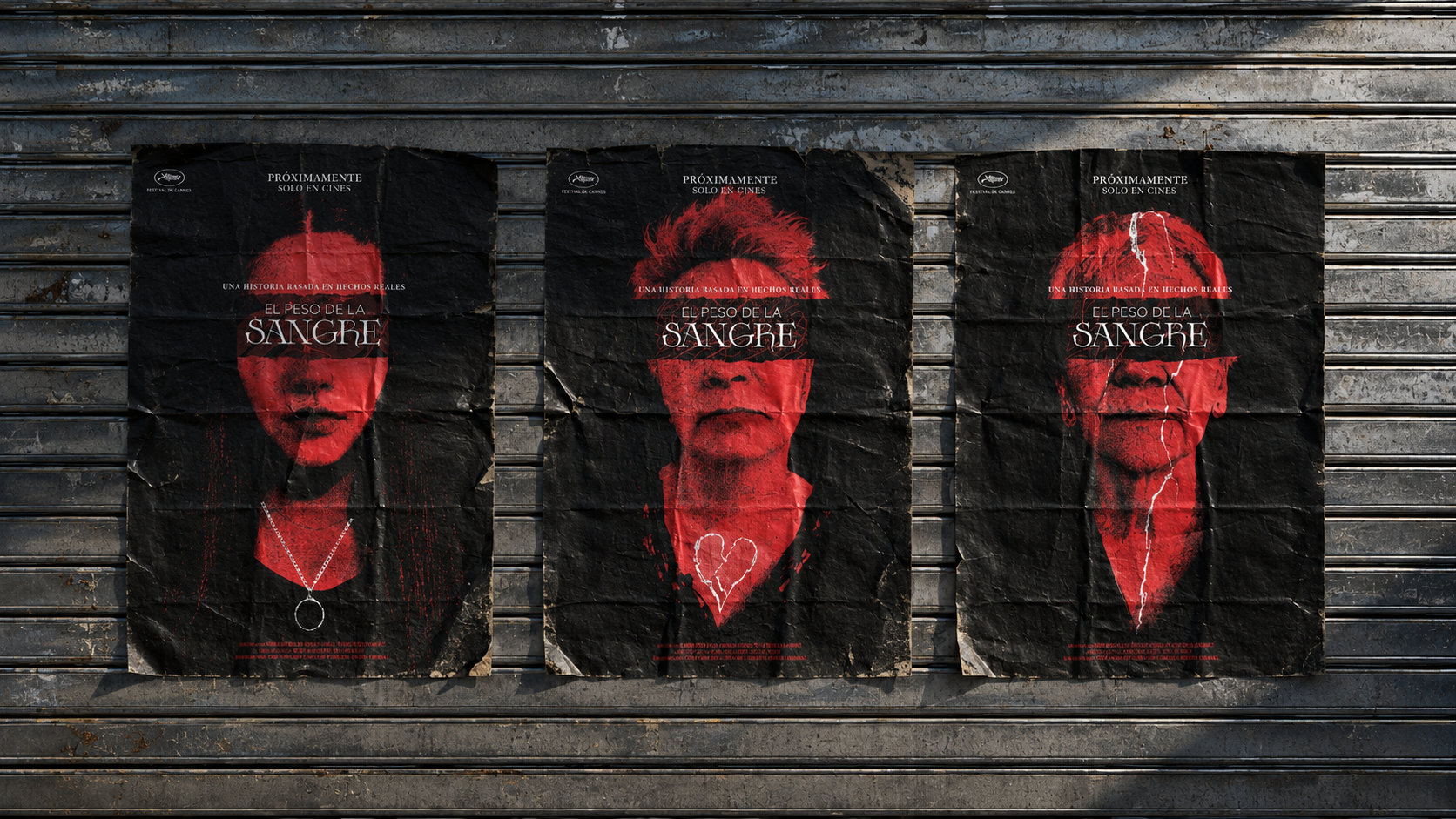 Tres posters de El peso de la sangre instalados sobre una cortina metálica